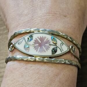 Vintage Alpaca Silver Cuff Bracelet with Mother of Pearl and Abalone Flower